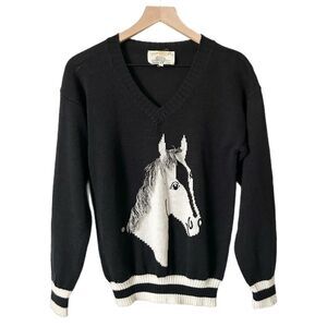 Vintage Horse Print Equestrian V-Neck Sweater in Black Size Large